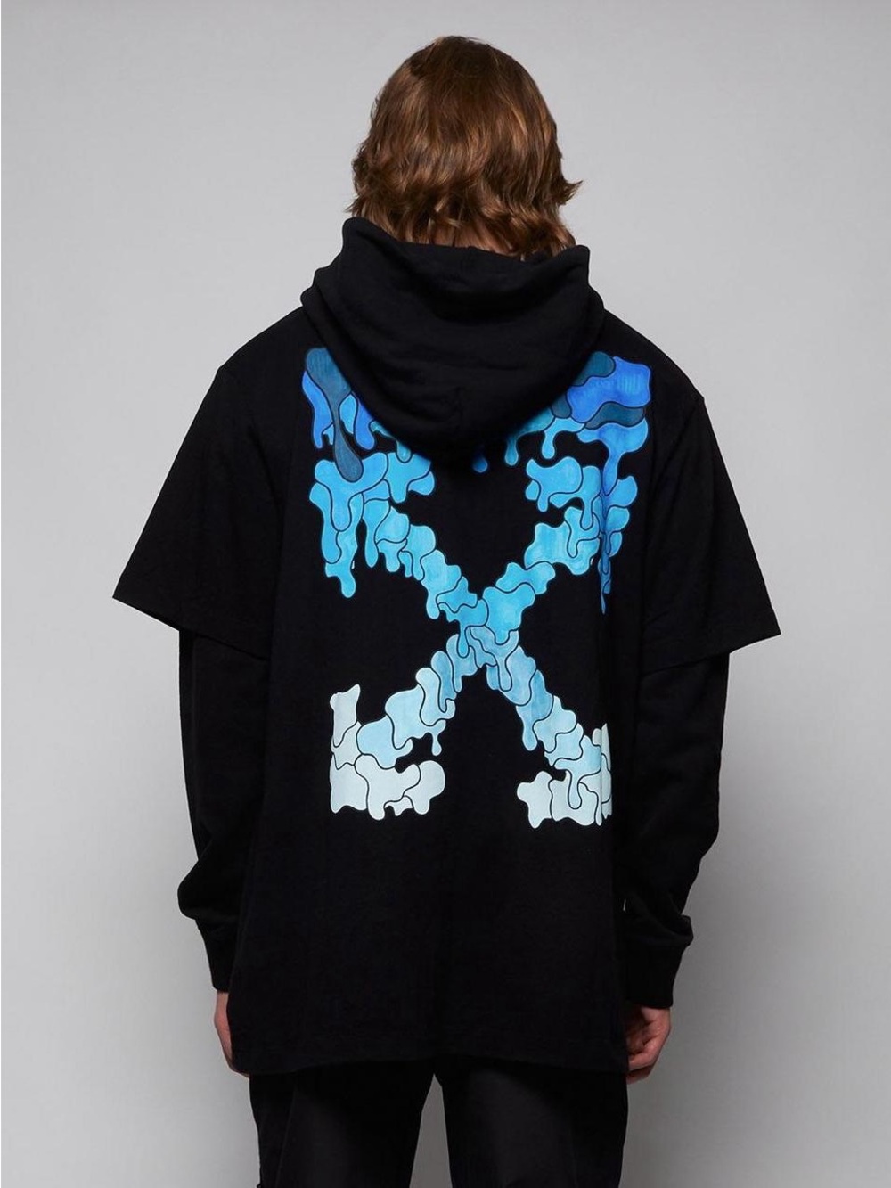 Off-White Black Hoodie Tee with Blue Gradient Cross Graphic